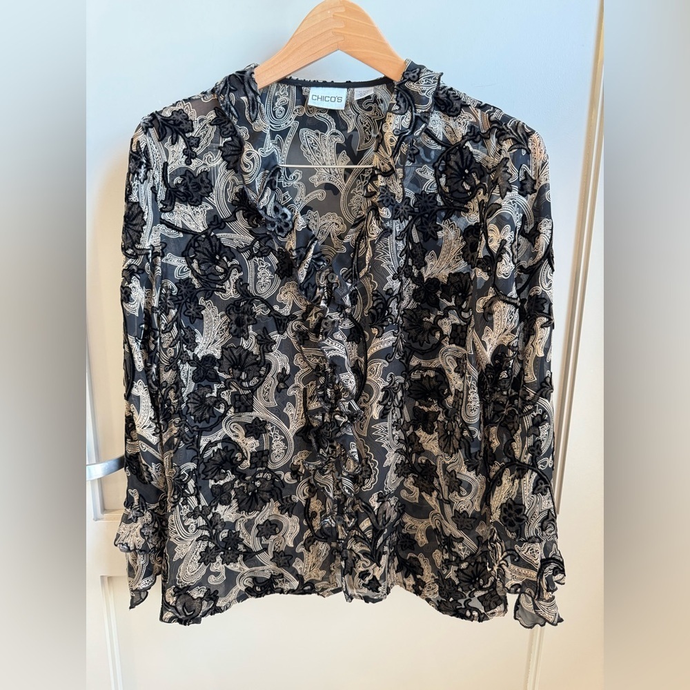 2000s Y2K Chico’s silk ruffle top with velvet paisley burnout sheer small